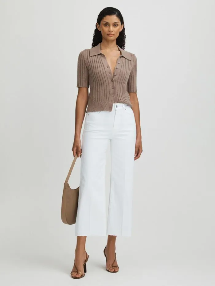 REISS Denim Women Paige Wide Leg Raw Hem Cropped Jeans Crisp White
