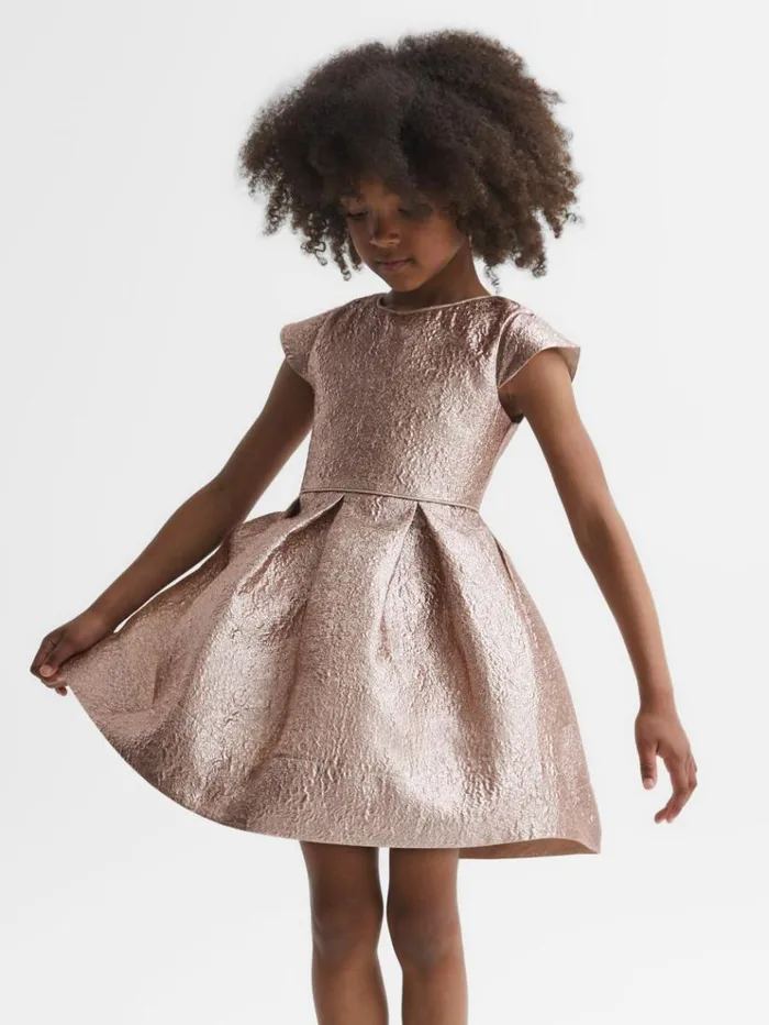 REISS Dresses Children Metallic Cap Sleeve Dress Gold
