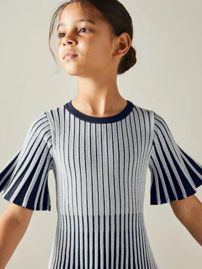 REISS Dresses Children Metallic Contrast Ribbed Dress Silver