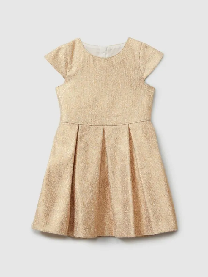 REISS Dresses Children Metallic Pleated Cap Sleeve Dress Gold
