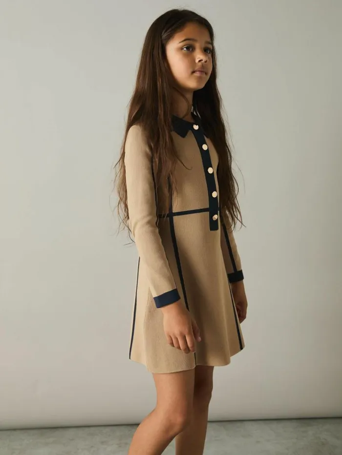 REISS Dresses Children PanelIntarsia Jersey Dress Camel