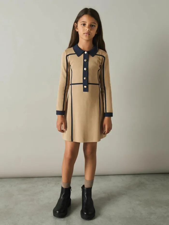 REISS Dresses Children PanelIntarsia Jersey Dress Camel