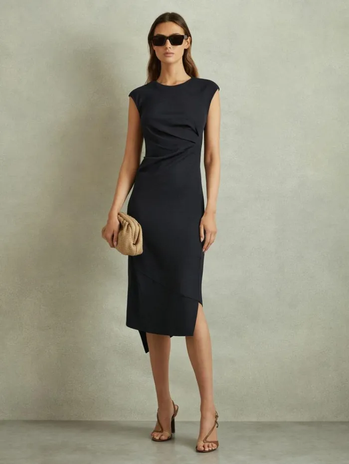 REISS Dresses Women Bodycon Ruched Midi Dress Navy