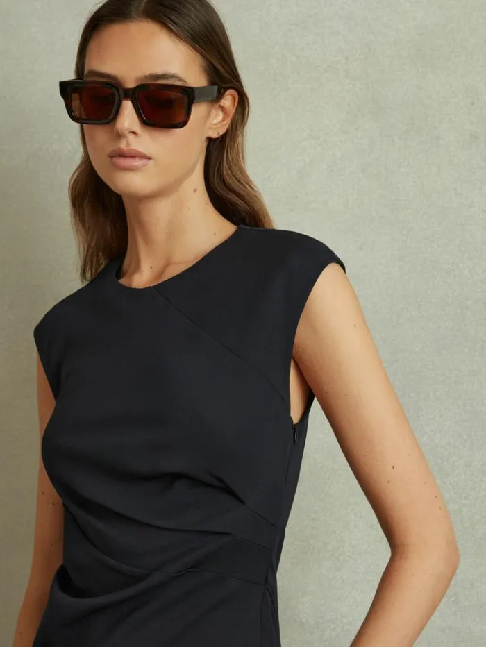 REISS Dresses Women Bodycon Ruched Midi Dress Navy
