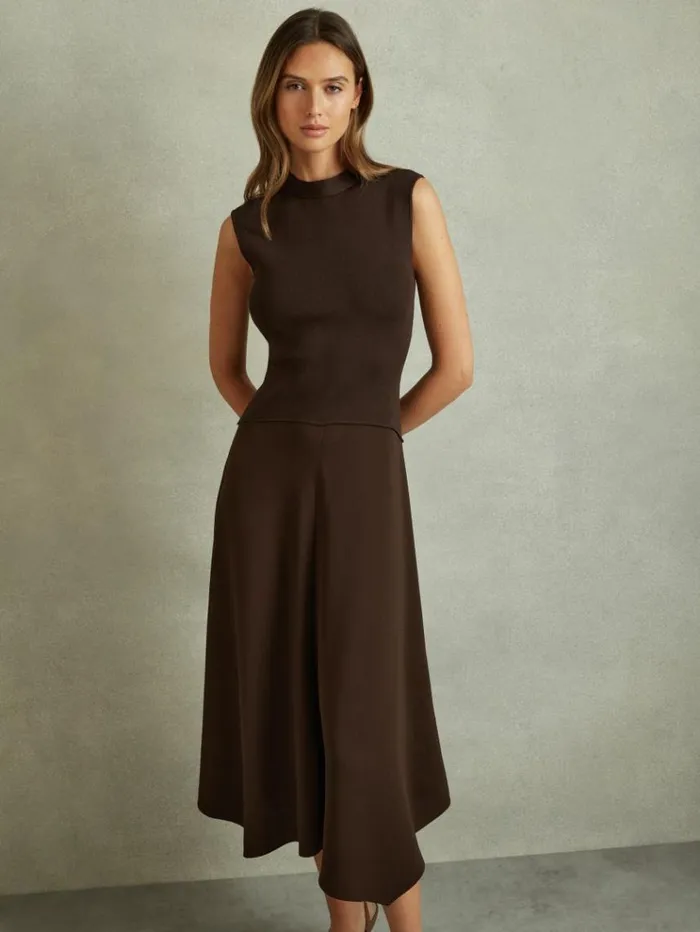 REISS Dresses Women Hybrid Knit Tie Back Midi Dress Chocolate