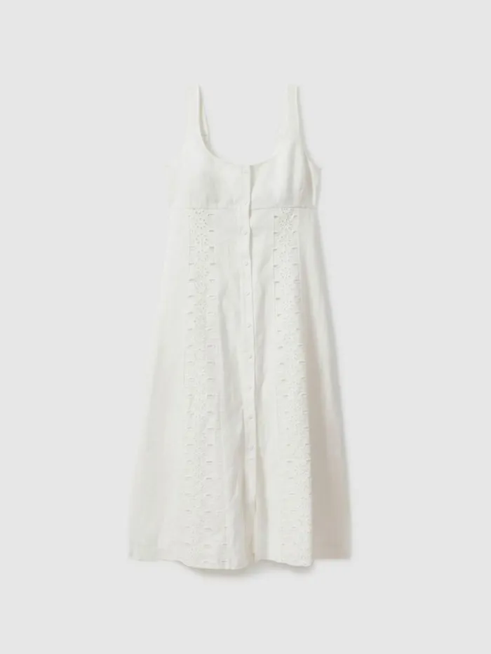 REISS Dresses Women Linen Broderie Midi Dress Ivory