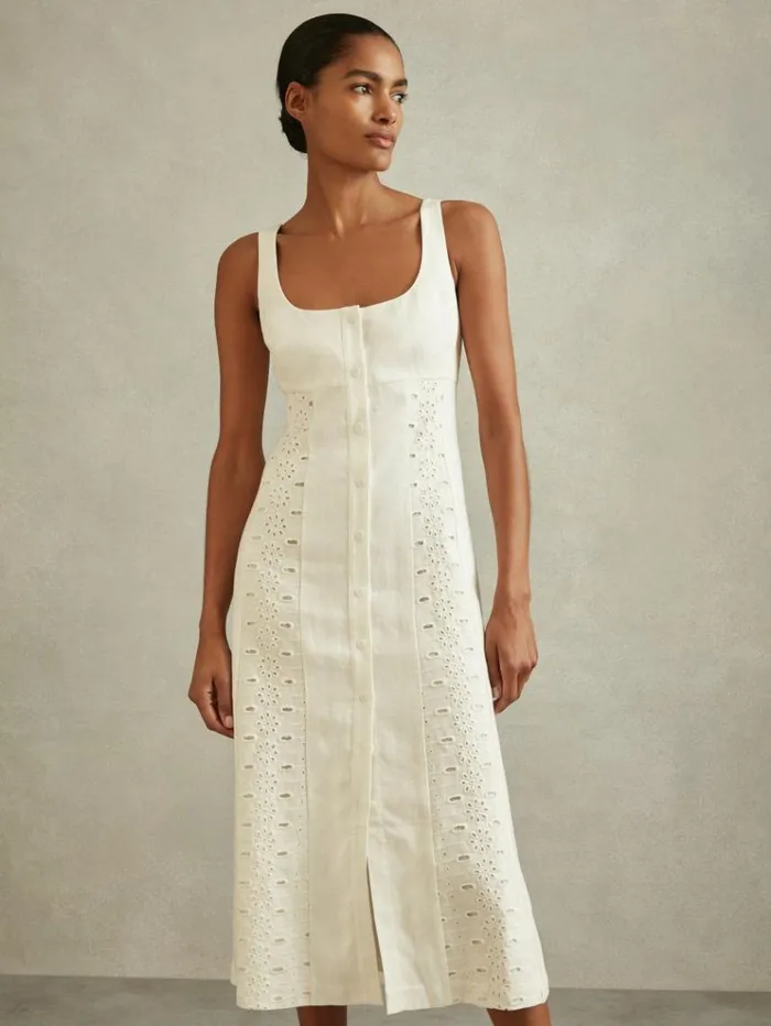 REISS Dresses Women Linen Broderie Midi Dress Ivory