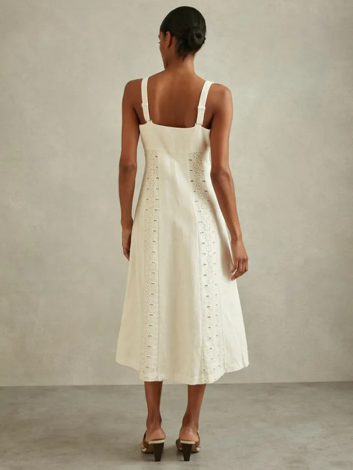 REISS Dresses Women Linen Broderie Midi Dress Ivory