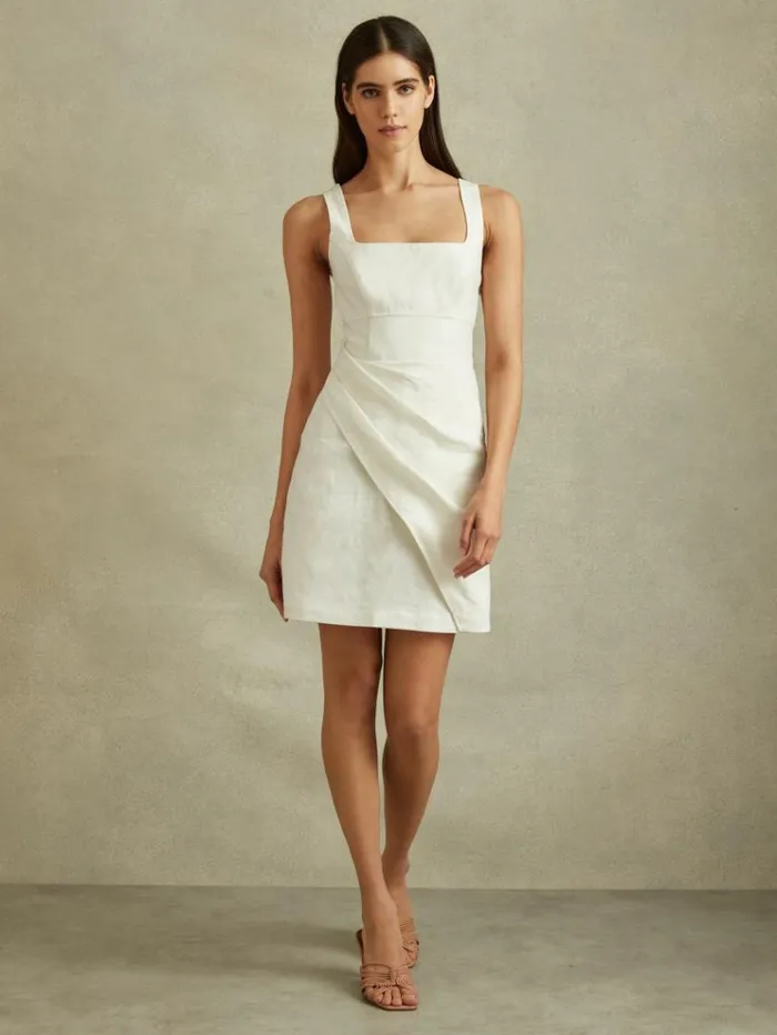 REISS Dresses Women Linen Pleat Detail Mini Dress Cream