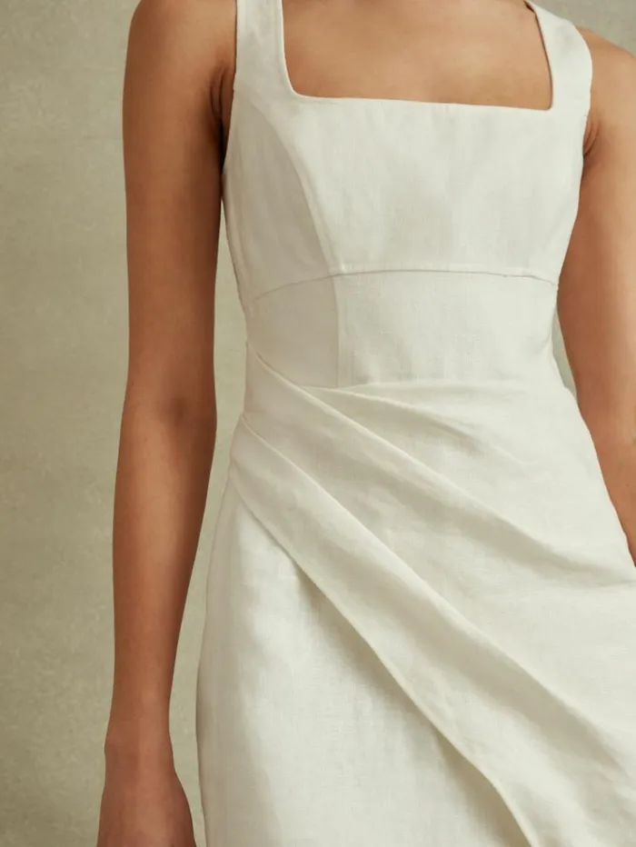 REISS Dresses Women Linen Pleat Detail Mini Dress Cream