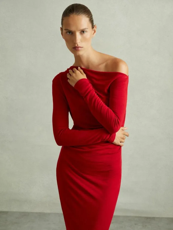 REISS Dresses Women OffTheShoulder Jersey Midi Dress Red