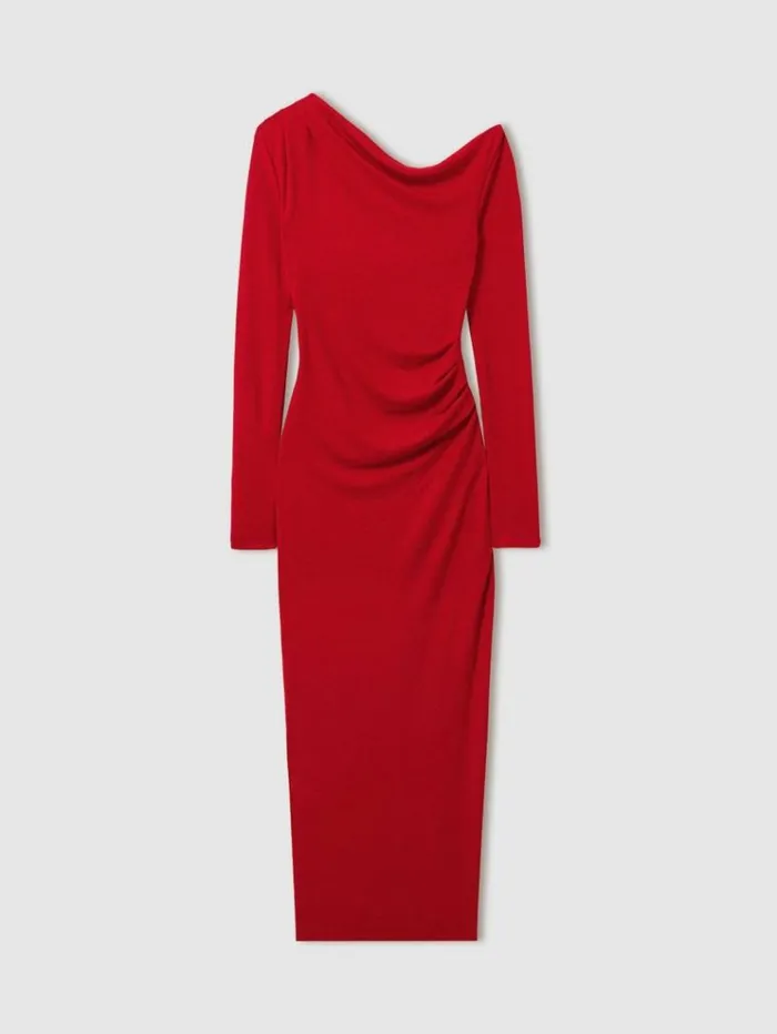 REISS Dresses Women OffTheShoulder Jersey Midi Dress Red