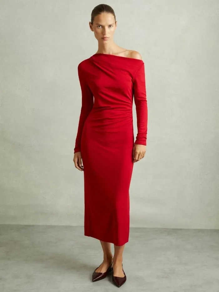 REISS Dresses Women OffTheShoulder Jersey Midi Dress Red