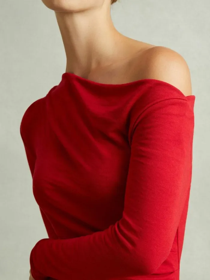 REISS Dresses Women OffTheShoulder Jersey Midi Dress Red