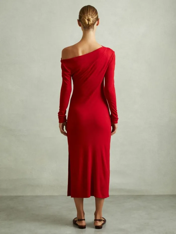 REISS Dresses Women OffTheShoulder Jersey Midi Dress Red