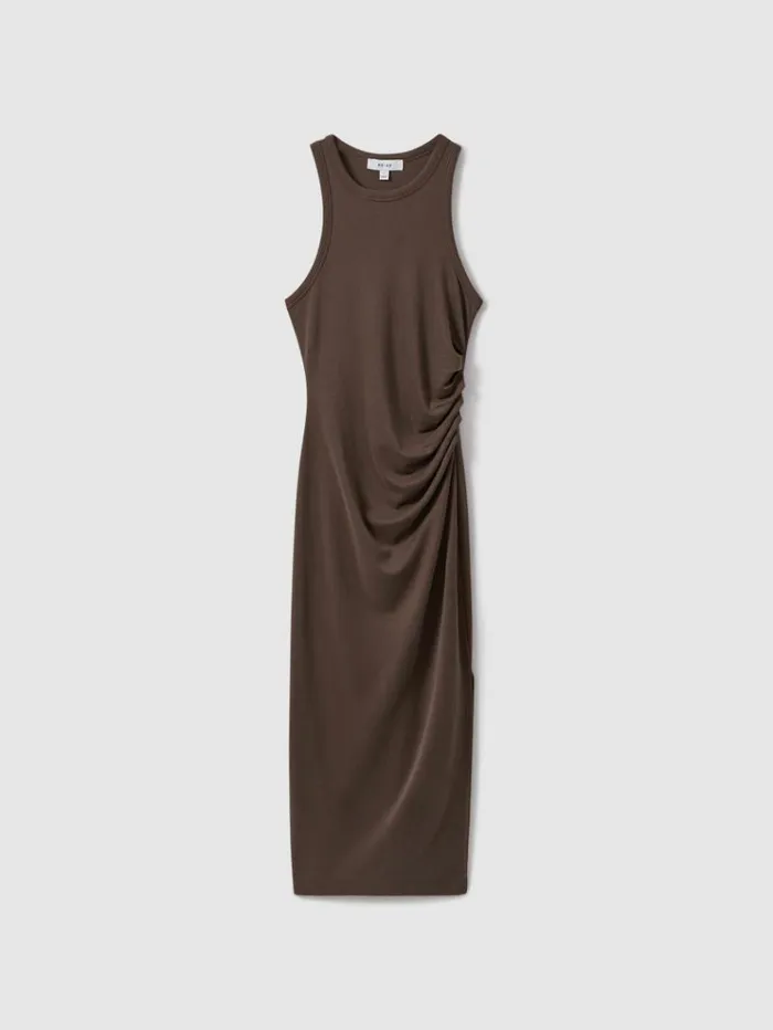 REISS Dresses Women Ruched Jersey Bodycon Midi Dress Mocha