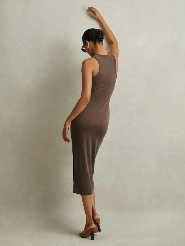 REISS Dresses Women Ruched Jersey Bodycon Midi Dress Mocha