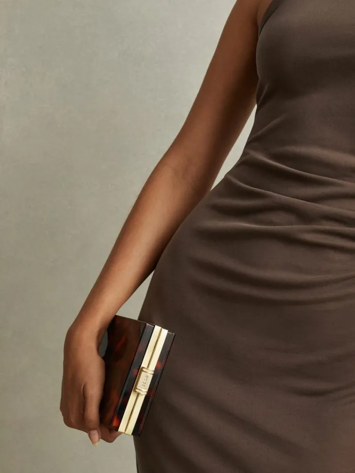 REISS Dresses Women Ruched Jersey Bodycon Midi Dress Mocha