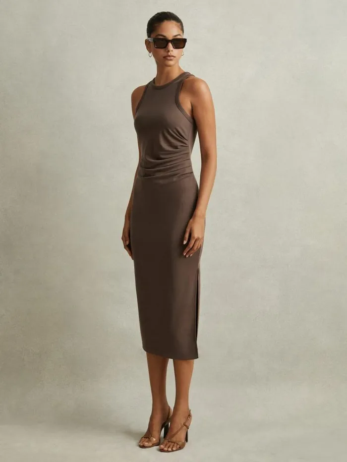 REISS Dresses Women Ruched Jersey Bodycon Midi Dress Mocha