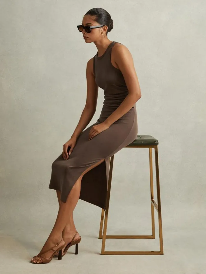 REISS Dresses Women Ruched Jersey Bodycon Midi Dress Mocha