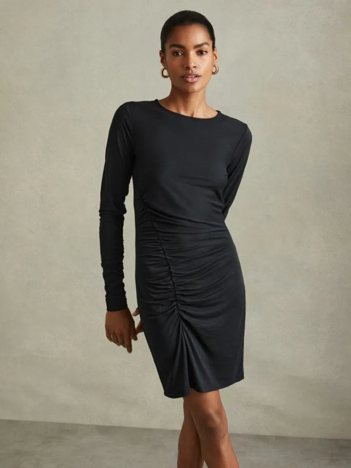 REISS Dresses Women Ruched Jersey Mini Dress Charcoal