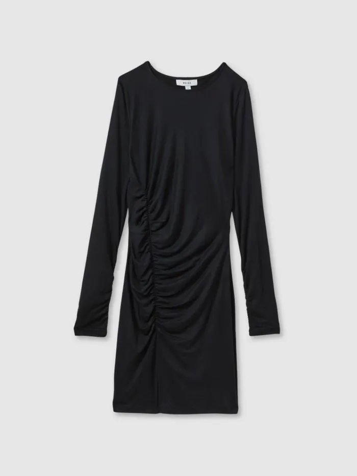 REISS Dresses Women Ruched Jersey Mini Dress Charcoal