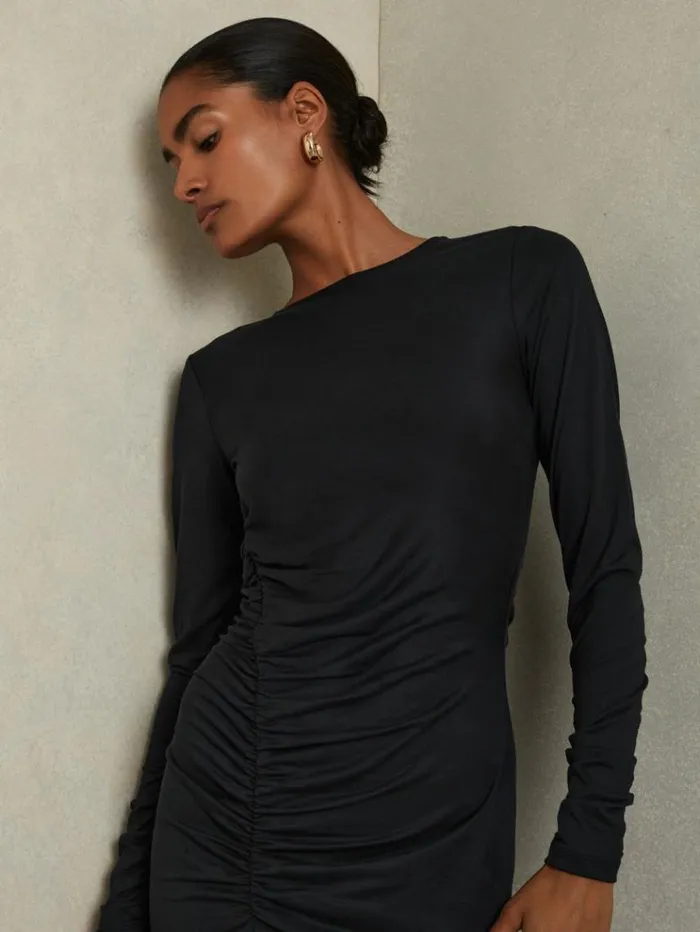 REISS Dresses Women Ruched Jersey Mini Dress Charcoal
