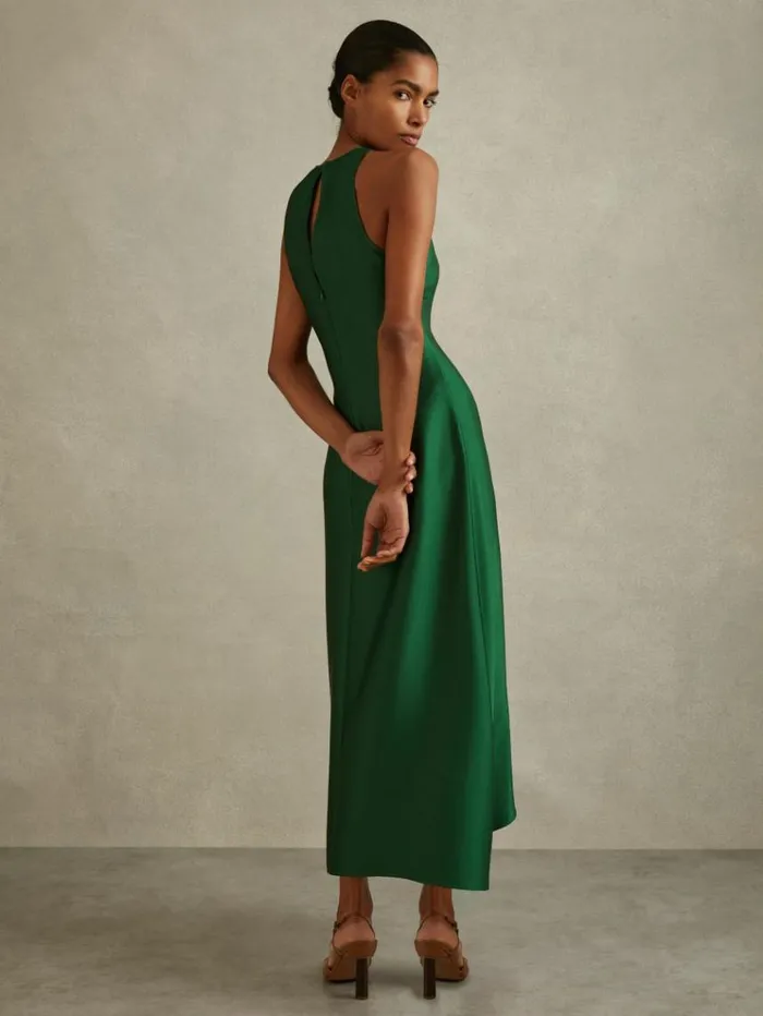 REISS Dresses Women Satin Drape Tuck Midi Dress Green