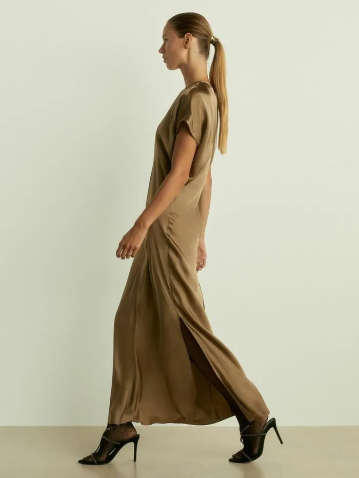 REISS Dresses Women Satin ShortSleeve Midi Dress Khaki