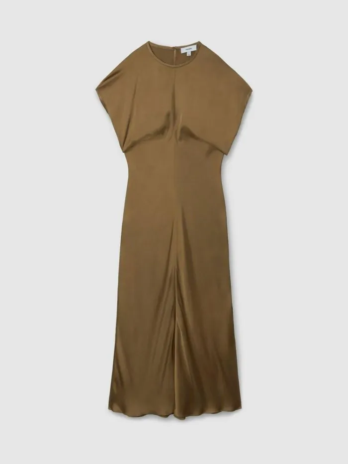 REISS Dresses Women Satin ShortSleeve Midi Dress Khaki