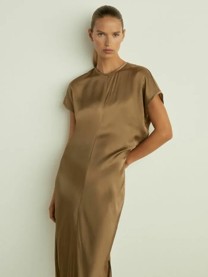 REISS Dresses Women Satin ShortSleeve Midi Dress Khaki