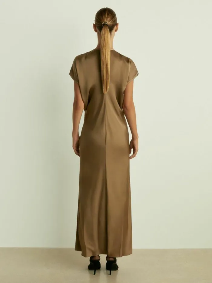 REISS Dresses Women Satin ShortSleeve Midi Dress Khaki