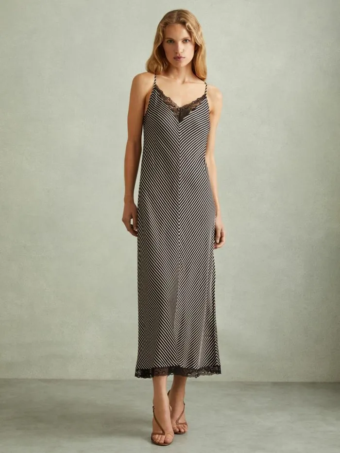 REISS Dresses Women Striped Lace Trim Midi Dress Black