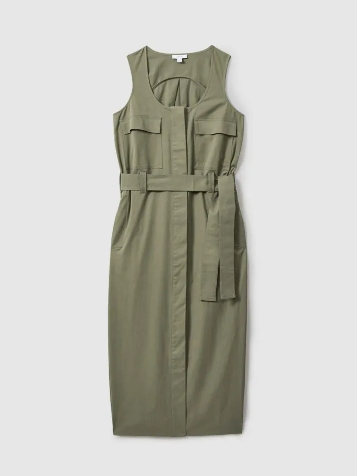 REISS Dresses Women Utility Belted Midi Dress Sage