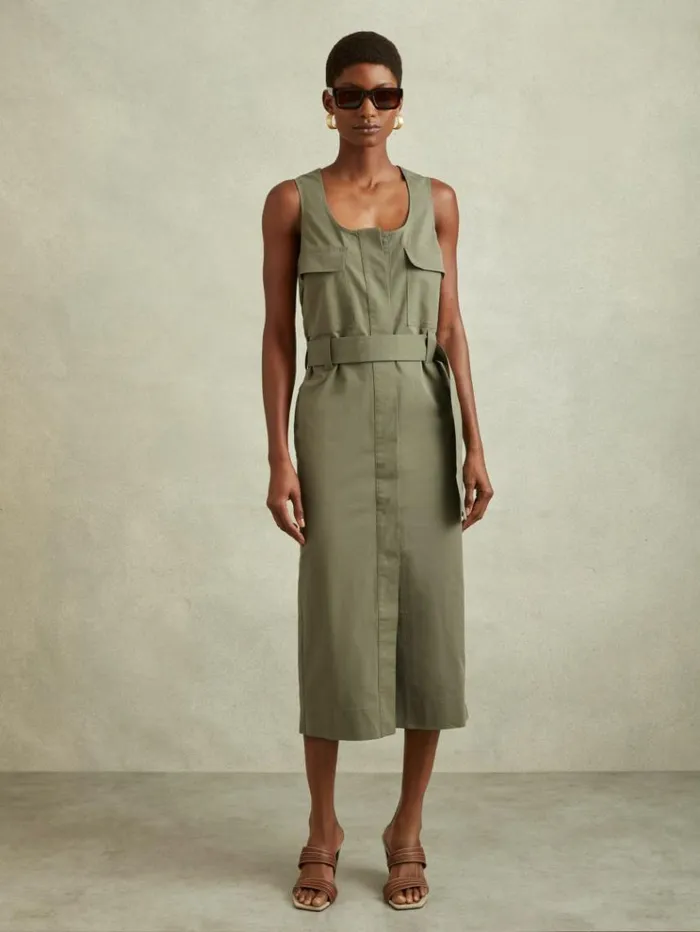 REISS Dresses Women Utility Belted Midi Dress Sage
