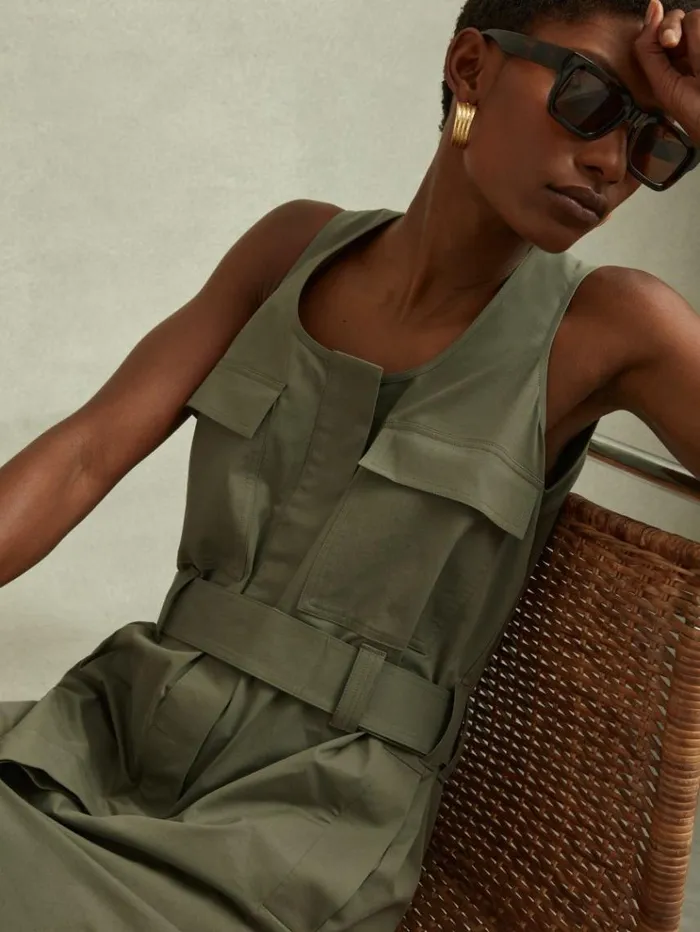REISS Dresses Women Utility Belted Midi Dress Sage