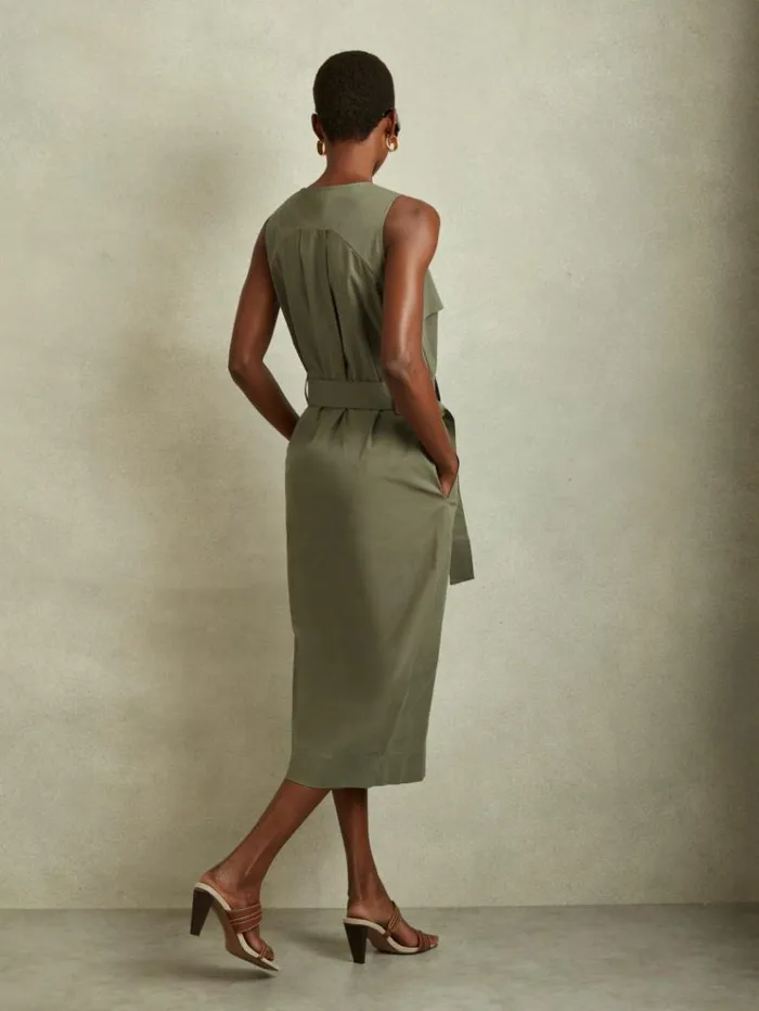 REISS Dresses Women Utility Belted Midi Dress Sage