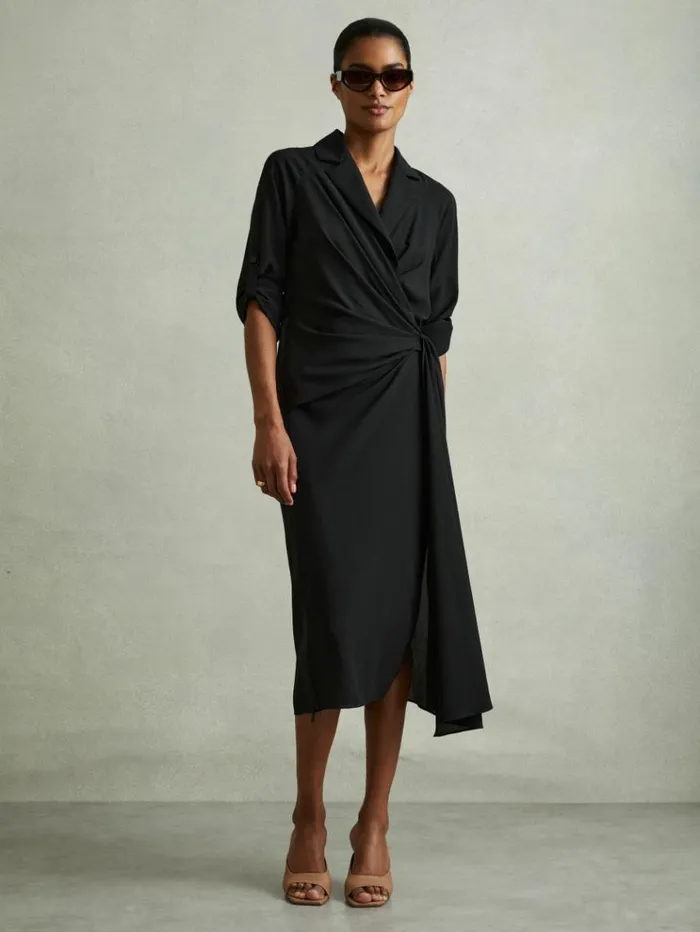 REISS Dresses Women Wrap Front Twist Detail Midi Dress Black