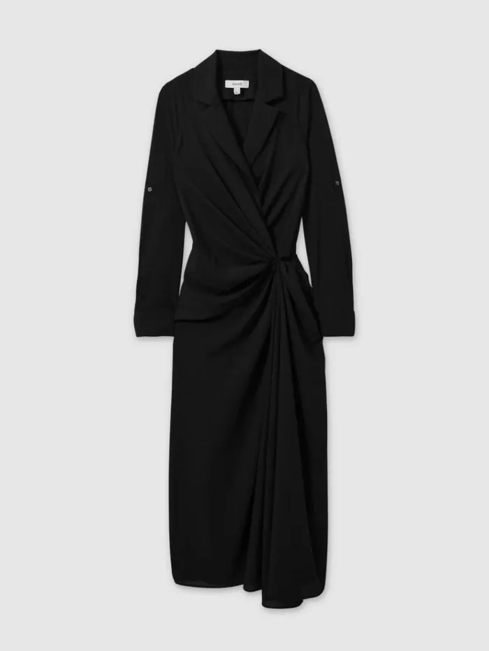 REISS Dresses Women Wrap Front Twist Detail Midi Dress Black
