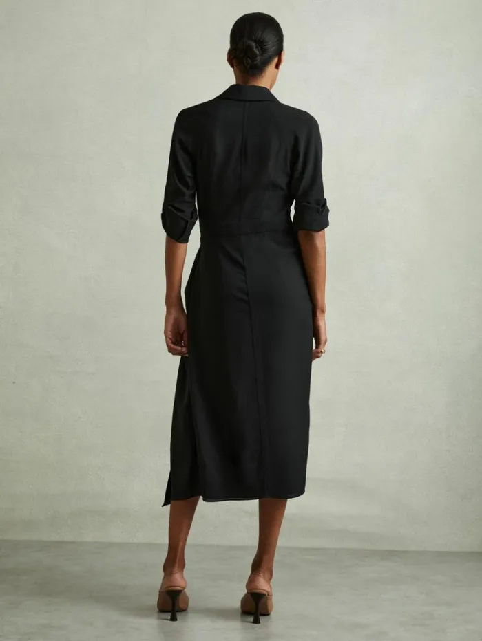 REISS Dresses Women Wrap Front Twist Detail Midi Dress Black