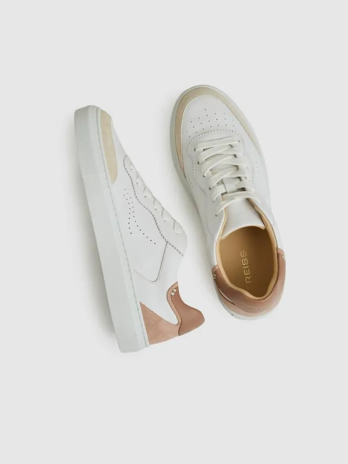 REISS Flats Women Leather Contrast Detail Trainers Whitenude