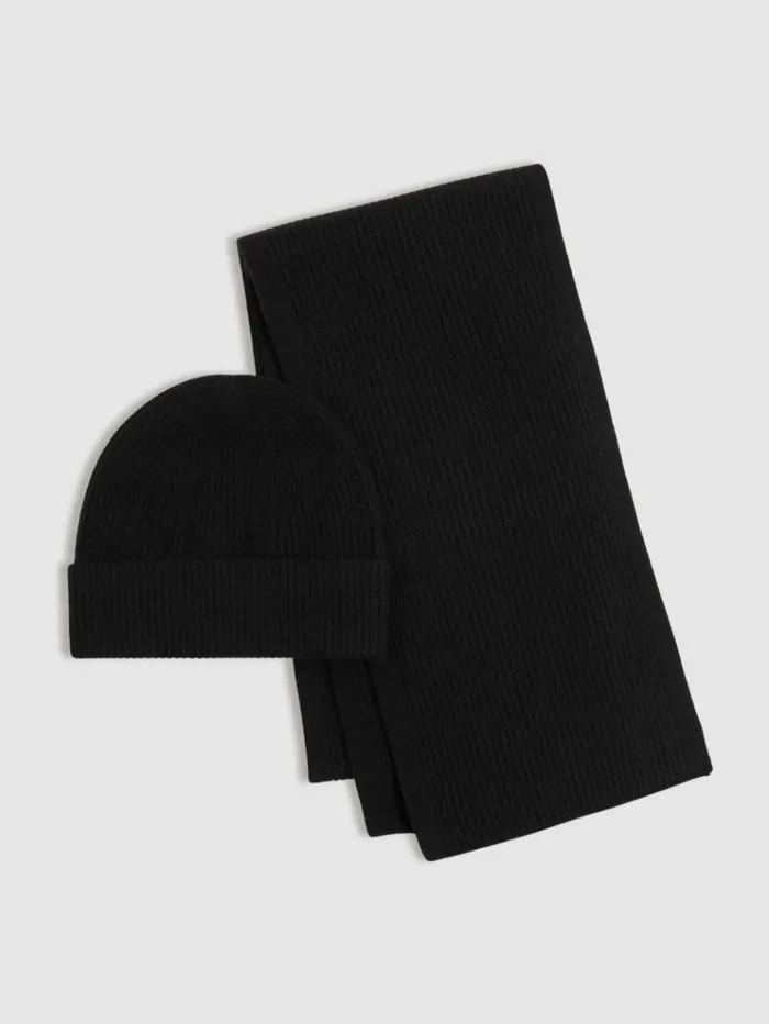 REISS Hats Gloves and Scarves Men Merino Wool Ribbed Scarf And Beanie Set Black