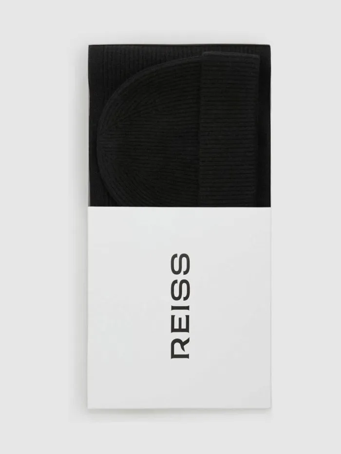 REISS Hats Gloves and Scarves Men Merino Wool Ribbed Scarf And Beanie Set Black