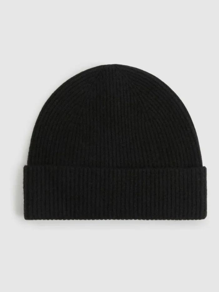 REISS Hats Gloves and Scarves Men Merino Wool Ribbed Scarf And Beanie Set Black