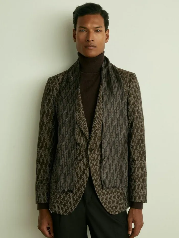 REISS Hats Gloves and Scarves Men SilkTwill MonogramJacquard Dress Scarf Dark Multi