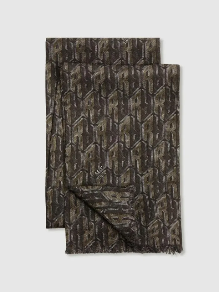 REISS Hats Gloves and Scarves Men SilkTwill MonogramJacquard Dress Scarf Dark Multi