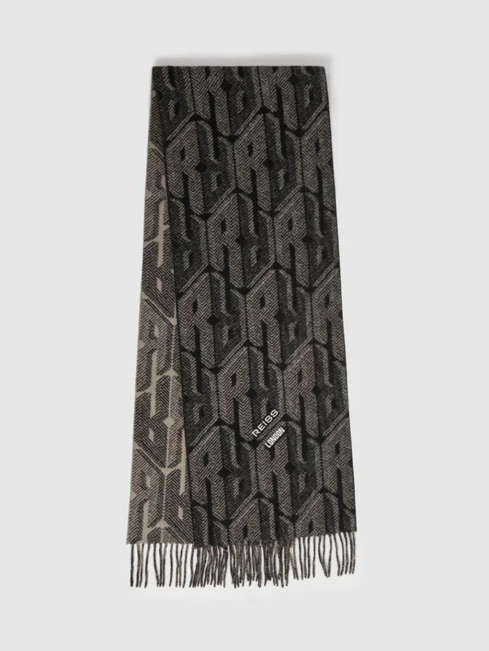 REISS Hats Gloves and Scarves Men Wool And Cashmere Jacquard Scarf Blackgrey
