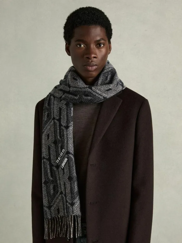 REISS Hats Gloves and Scarves Men Wool And Cashmere Jacquard Scarf Blackgrey