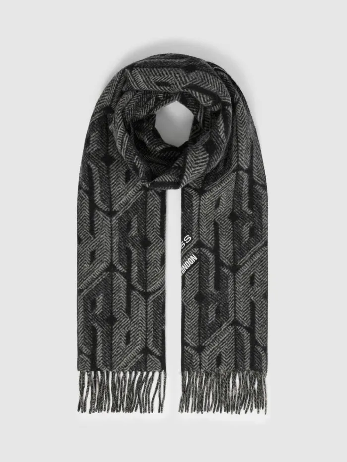 REISS Hats Gloves and Scarves Men Wool And Cashmere Jacquard Scarf Blackgrey