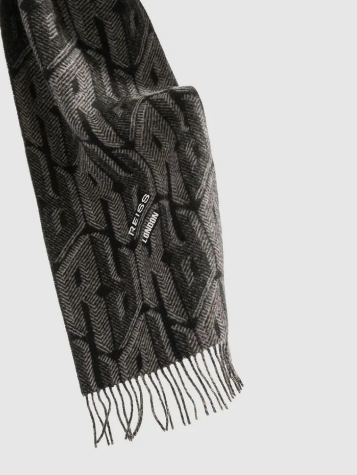 REISS Hats Gloves and Scarves Men Wool And Cashmere Jacquard Scarf Blackgrey
